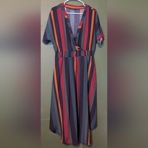 Striped Multicolor V-Neck Dress With Pockets!
